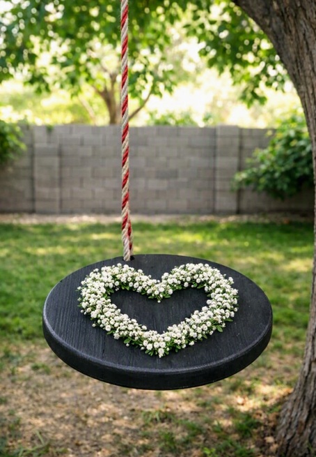 Charcoal swing with heart-shaped baby's breath wreath