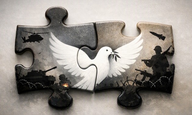 Two puzzle pieces with war imagery fading into a white dove where they connect