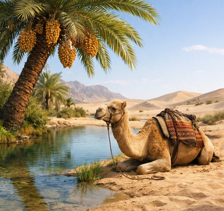 Camel kneeling peacefully at an oasis