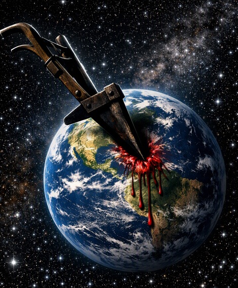 Earth pierced by an old plow, showing the tilt as a wound